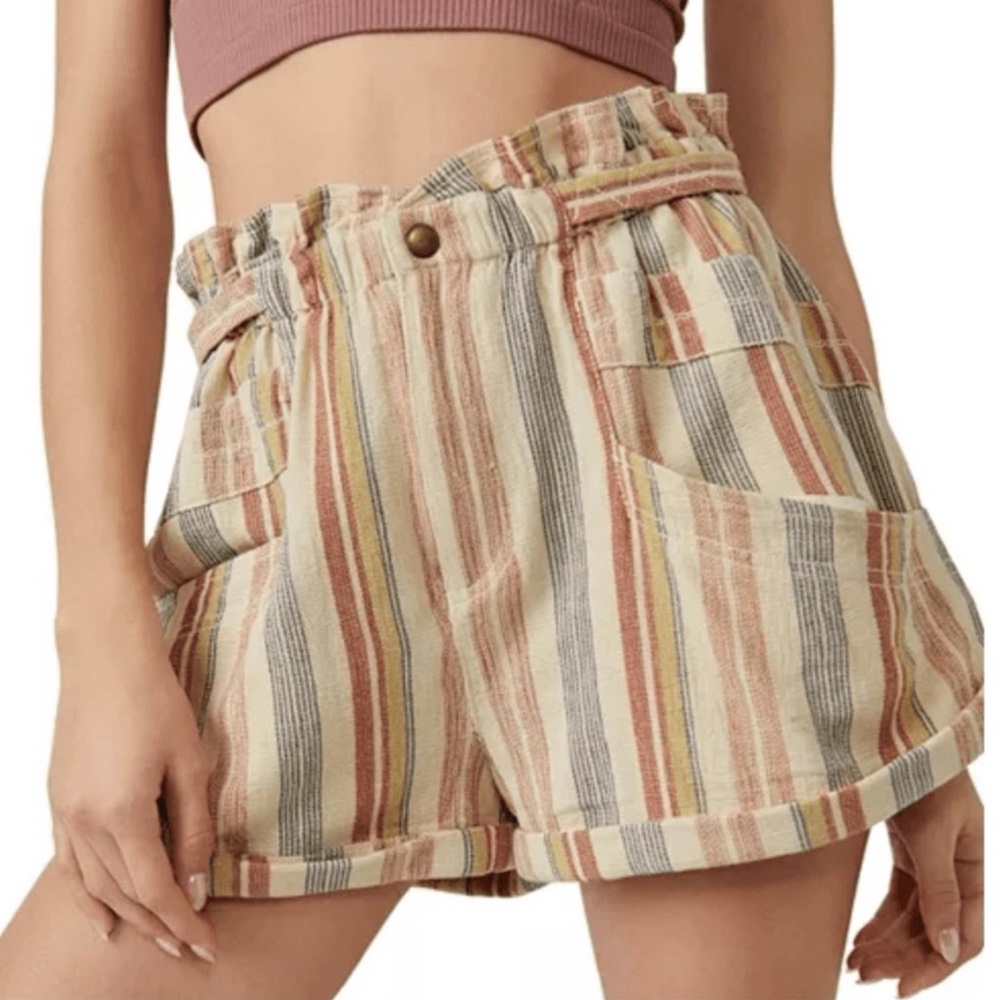 Free People Topanga Yarn Dye Shorts Striped Paperbag-Waist Size 6 Brown Tan